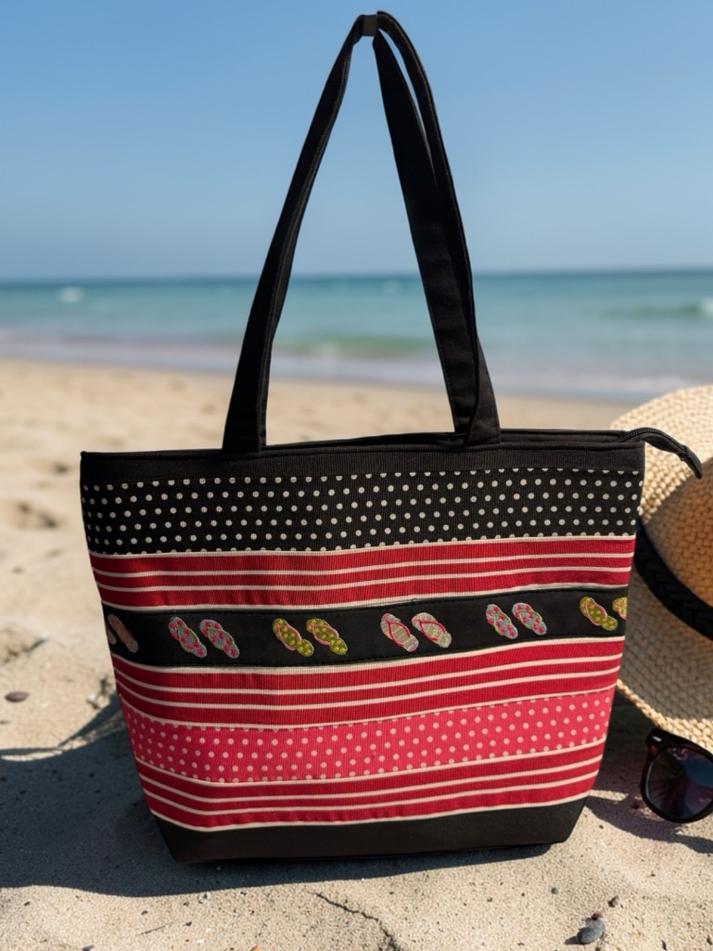 Braciano Striped Red & Black Beach Tote Bag with Flip-Flop Detail